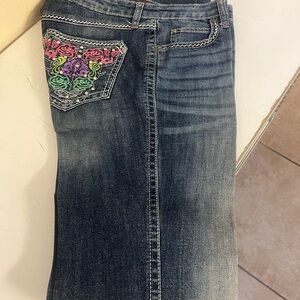Rock Revival Blue Boot Cut Jeans with Vibrant Pocket Design